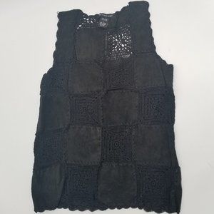 Vintage | Black Suede & Rayon Patchwork Crochet Top - S